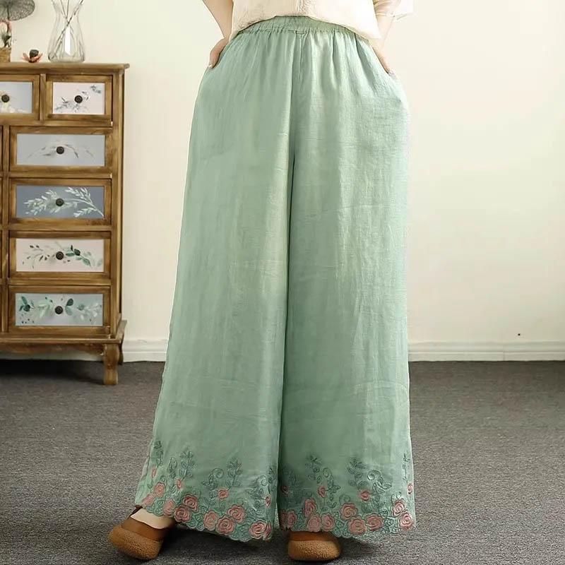 Женские брюки из конопли с вышивкой, повседневные, однотонные, свободные, больших размеров, широкие брюки