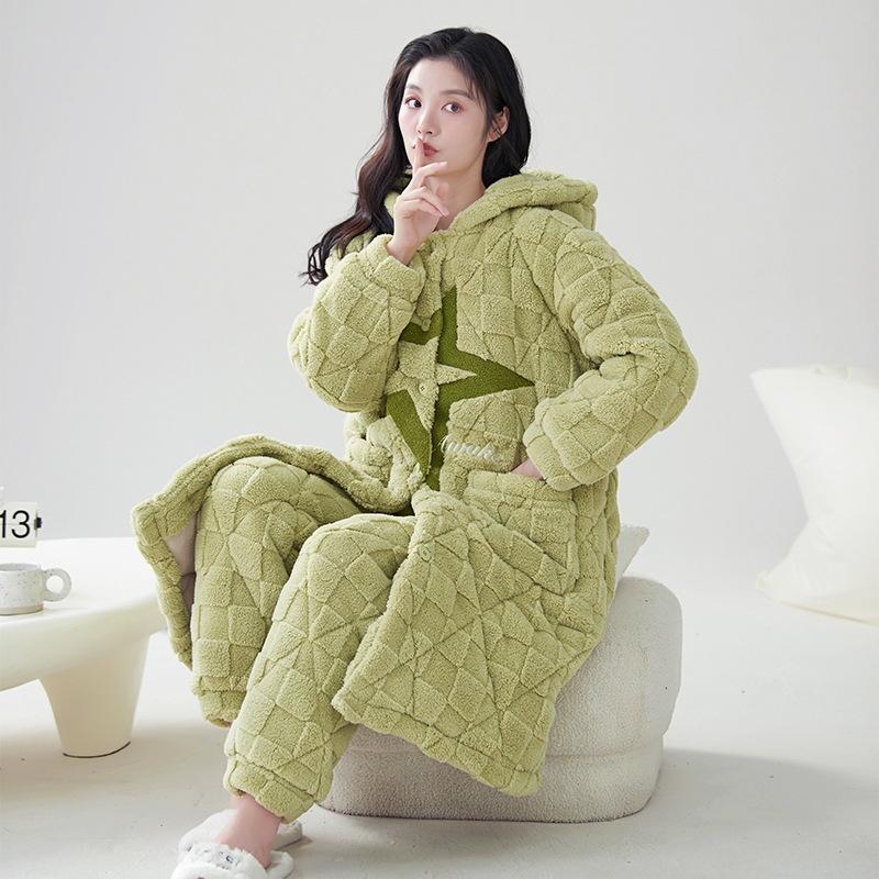 2023 Женская ночная рубашка из кораллового флиса: Плотный бархат с подкладкой, осенне-зимний, универсальный костюм для дома и улицы