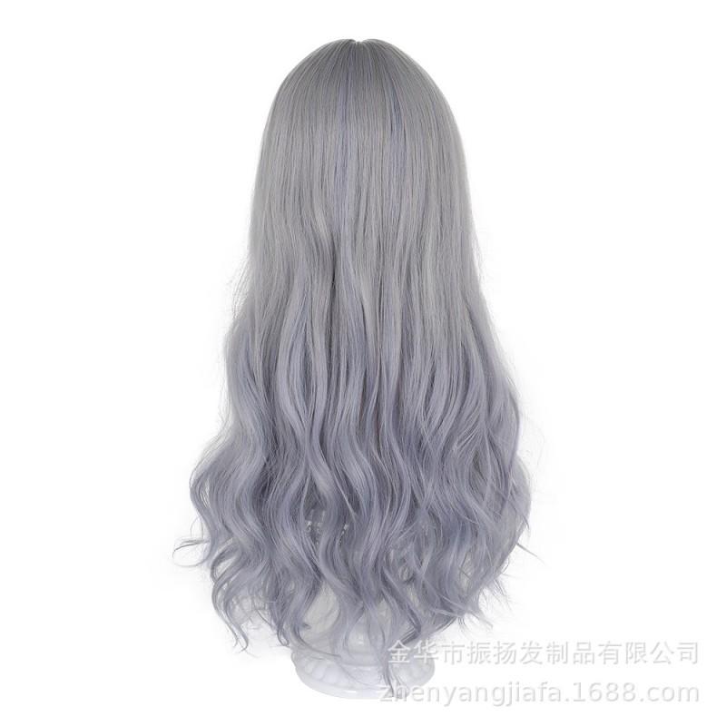 Long Wavy Synthetic Wig With Air Bangs Blue Gray Ombre Full Cap Women Natural Volume Comfortable Breathable