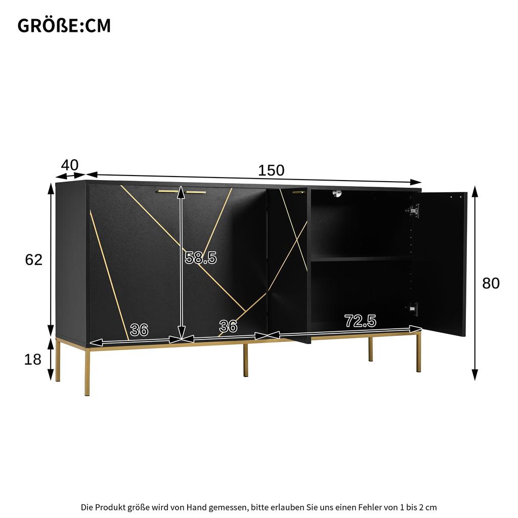 Sideboard Kommode 4 Türen, modernes Liniendesign, Metallgriffe, Rahmenbeine, 150x40x80 cm, Wohnzimmer/Schlafzimmer/Flure/Küche