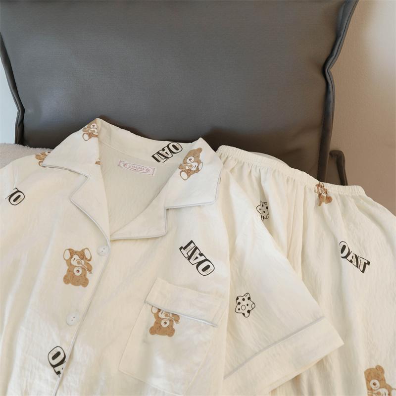 Fun Letter Bear Print Pajamas for Women Cartoon Sweet Cute Casual Women 2 Piece Set Homewear Simple Sleepwear Pajamas Set