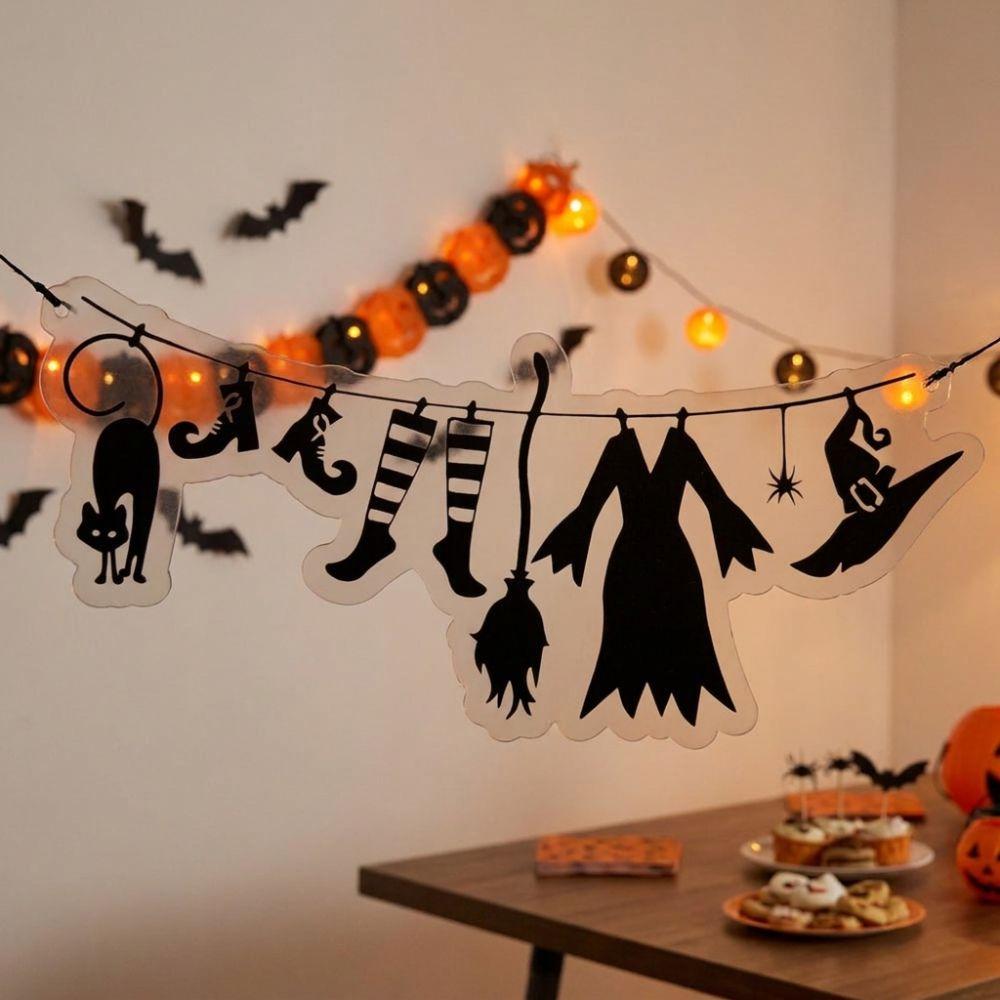 Acrylic Halloween Witch Hat Wall Art Spooky Witch Broom Witch Cloak Hat Party Bunting Funny Black Cat Spider