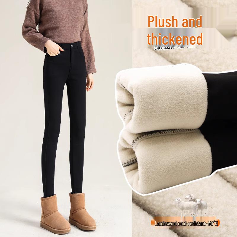 Женские зимние черные леггинсы на флисовой подкладке - Толстый хлопок из овечьей шерсти, Облегающий крой, Стиль осень/зима 2025