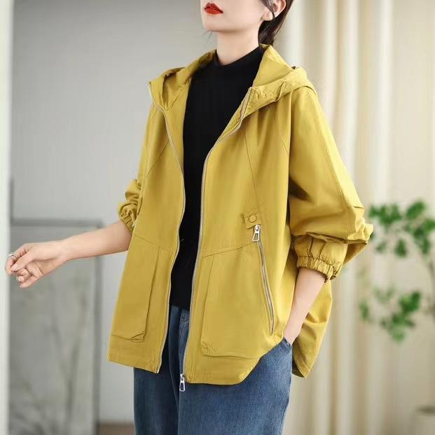 Johnature Woman Autumn Vintage Loose Casual Personality Coat Zipper Solid Color Long Sleeves Hooded Coat
