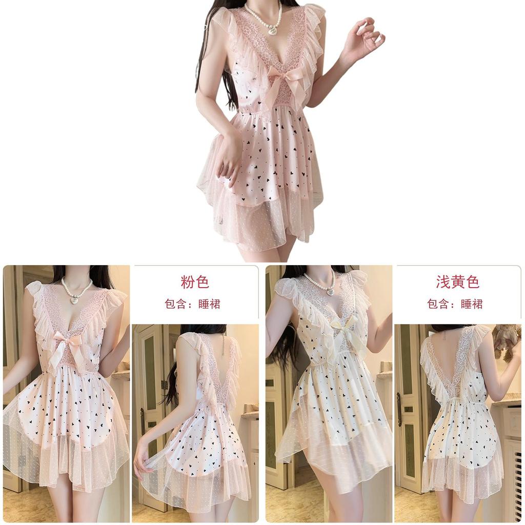 Youth Female Satin Nightdress With Polka Dot Mesh For Home And Hotel