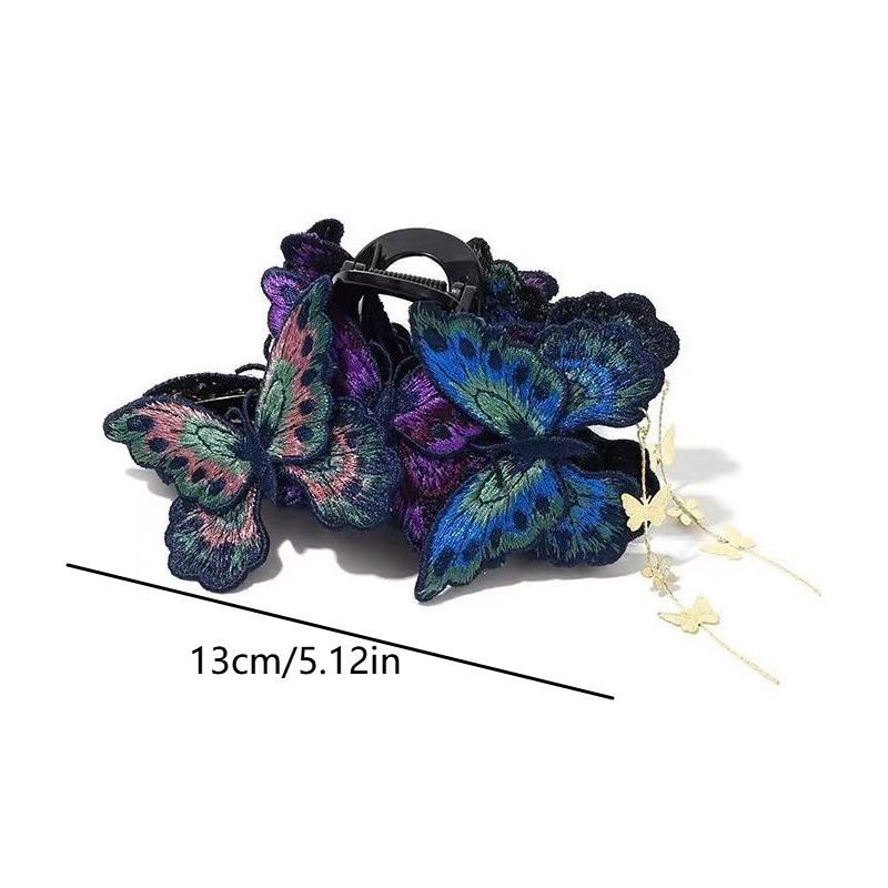 Vintage New Chinese Style Hair Claws Women Purple Butterfly Tassel Shark Clip Knitted Flower Hanfu Hair Accessories