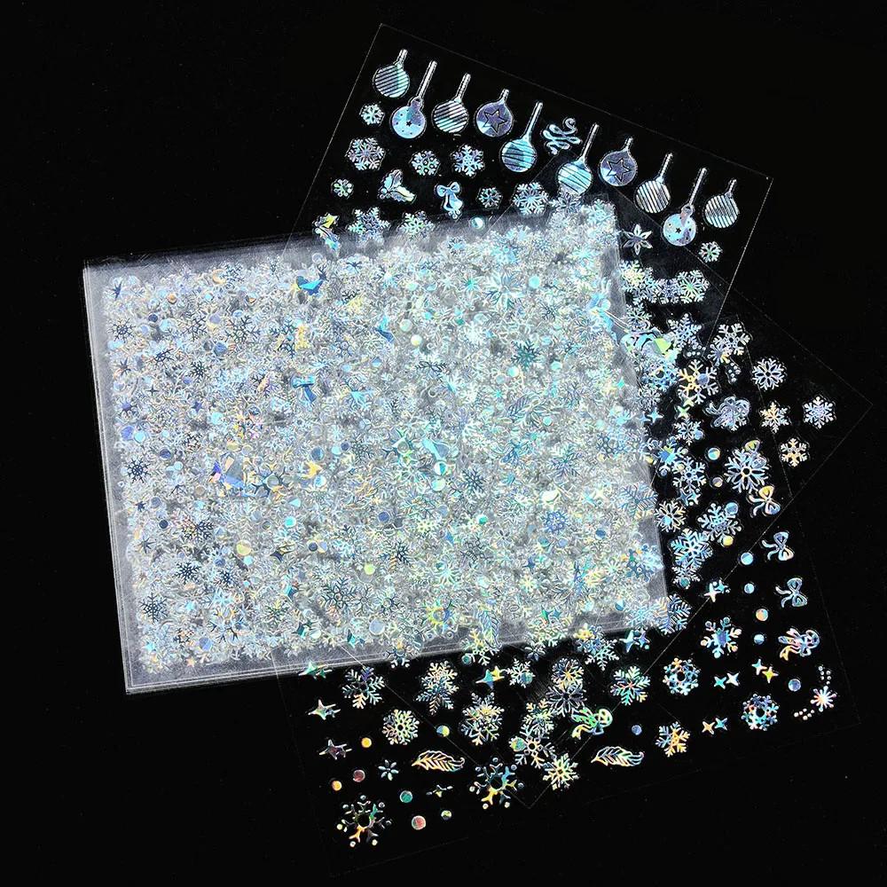 12 шт. лазерных серебряных снежинок наклейки для ногтей 3D бронзирующие рождественские наклейки для ногтей голографические слайдеры снежинки серебра/золота/белого цвета