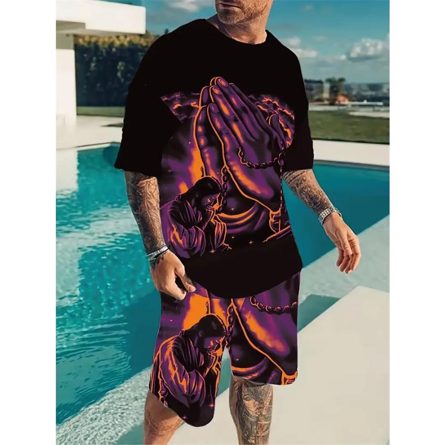 Fashion New Plus Size Men's Suit Cross Jesus Printed Suit Summer Cool Breathable Short Sleeve Drawstring Shorts Faith Clothing