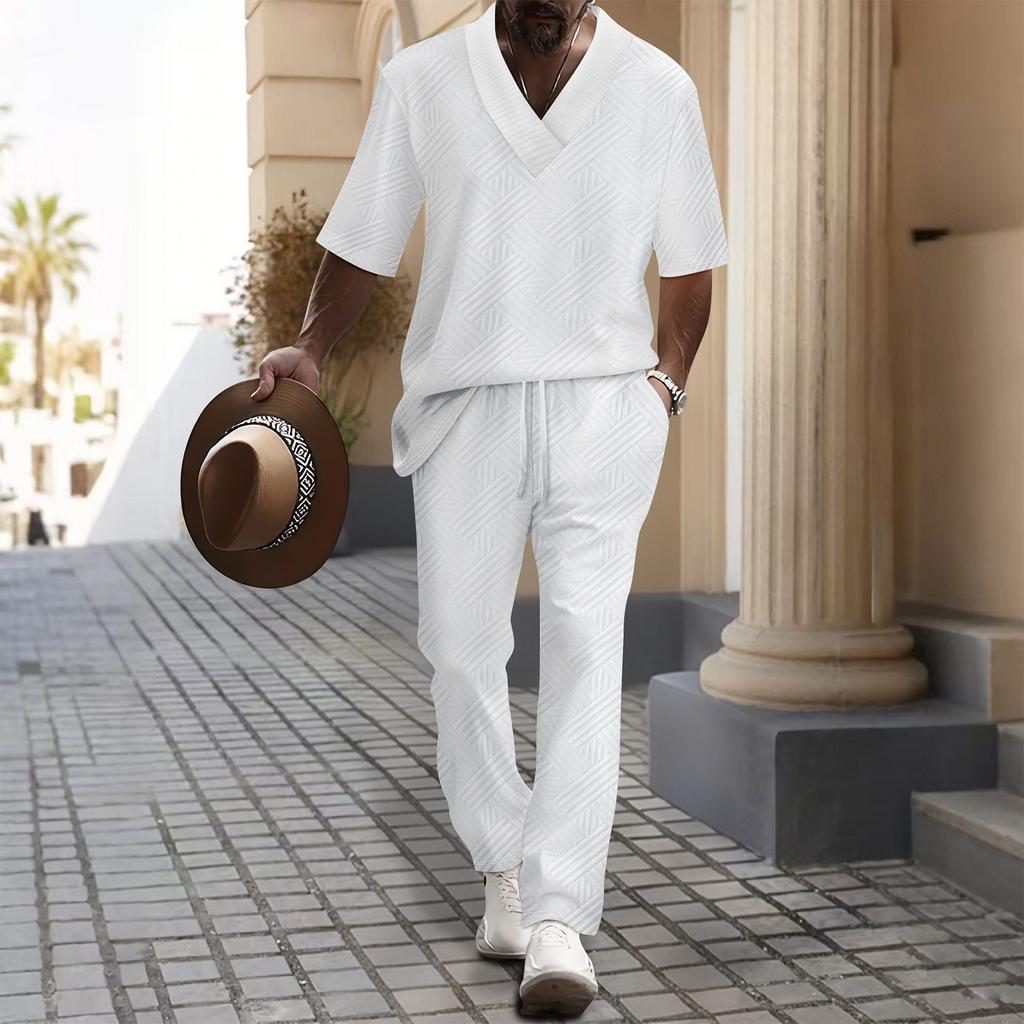 Мужской однотонный повседневный комплект из двух предметов с короткими рукавами и воротником