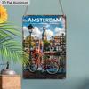 2D Flat, 1pc Vintage Amsterdam Aluminium Wall Art Sign "Cinematic Amsterdam" - 8"x12" Rustic Travel & Home Decor, Dutch Canal & Bicycle Wall Art