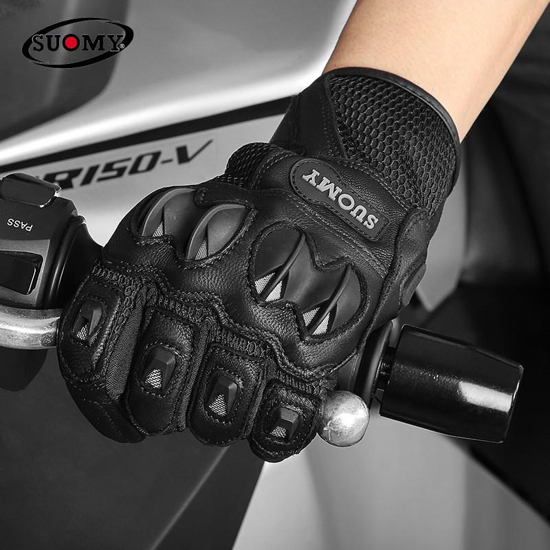 Mens Genuine Leather Motorcycle Gloves Summer Breathable Anti-Slip Crash Protection Cycling Protective Gear Safety Riding