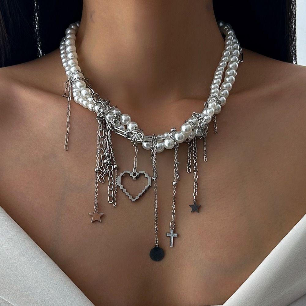 Retro Style Mulitilayered Pearls Necklace Heart Tassel Necklace Daily Wear