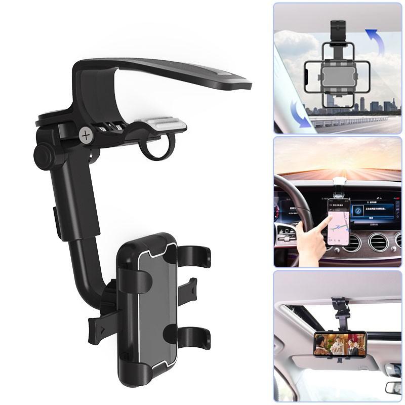 360° Car Rearview Mirror Phone Holder for Car Mount Phone and GPS Holder Support Rotating Adjustable Telescopic Phone Stand