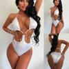 Women Sexy Halter Triangle Split Bikini Suit Set Summer Tie Side G-String Thong Swimsuit Elastic Bikini White Color