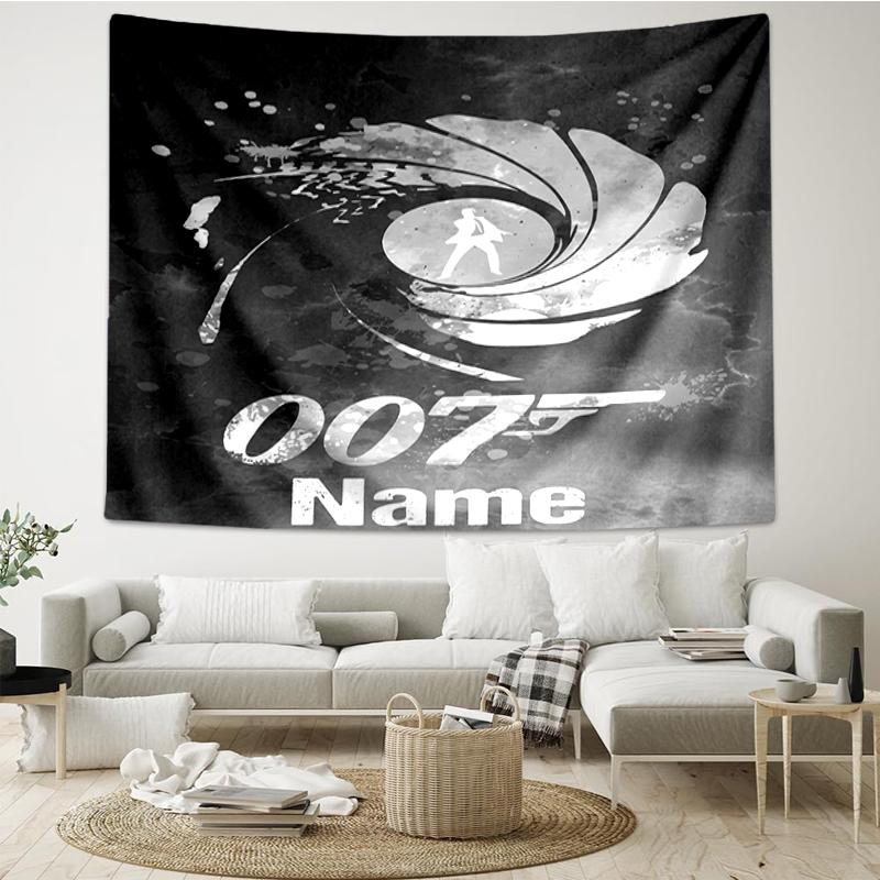 Custom Name 007 James Bond Print Tapestry, Backdrop, Easy Setup, Ideal for Bedroom, Office & Living Room, with Aesthetic Wall Hanging Decor.