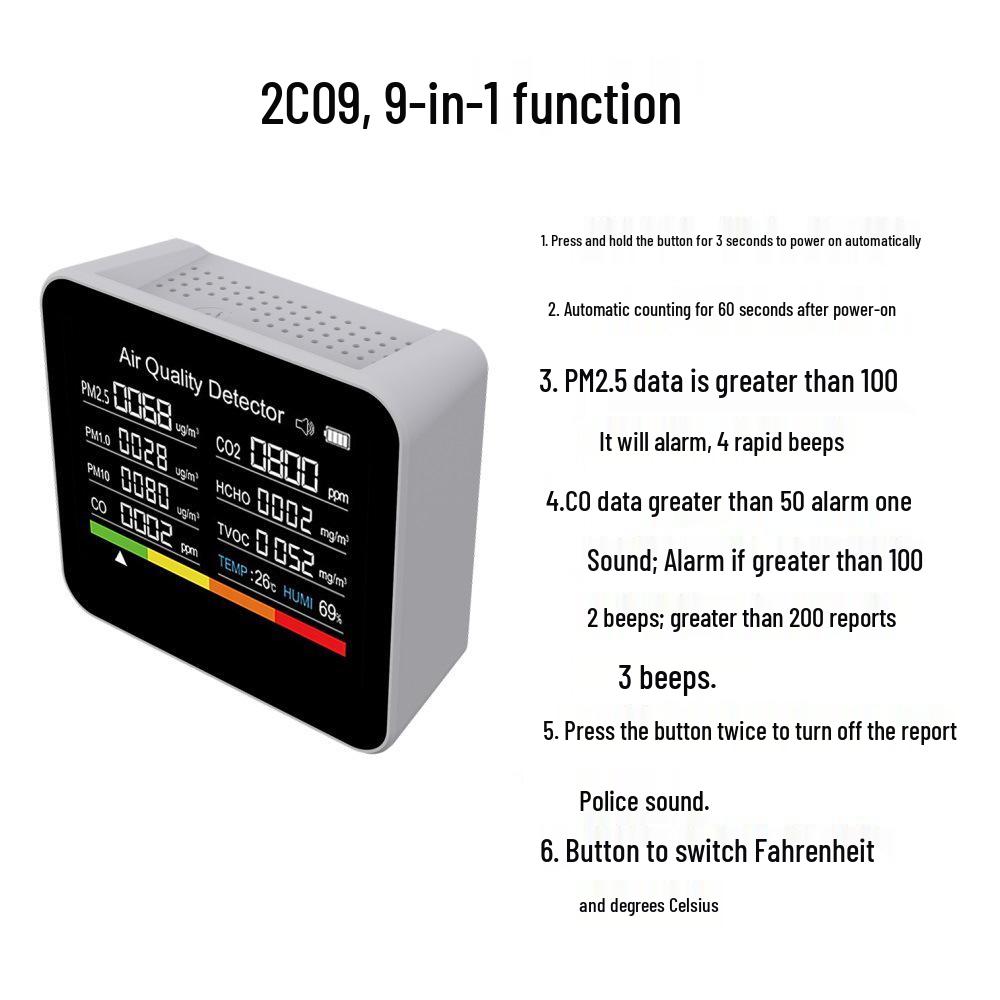 2CO9 CO2 & CO Detector: Monitors PM2.5, Formaldehyde, TVOC for Home Air Quality.