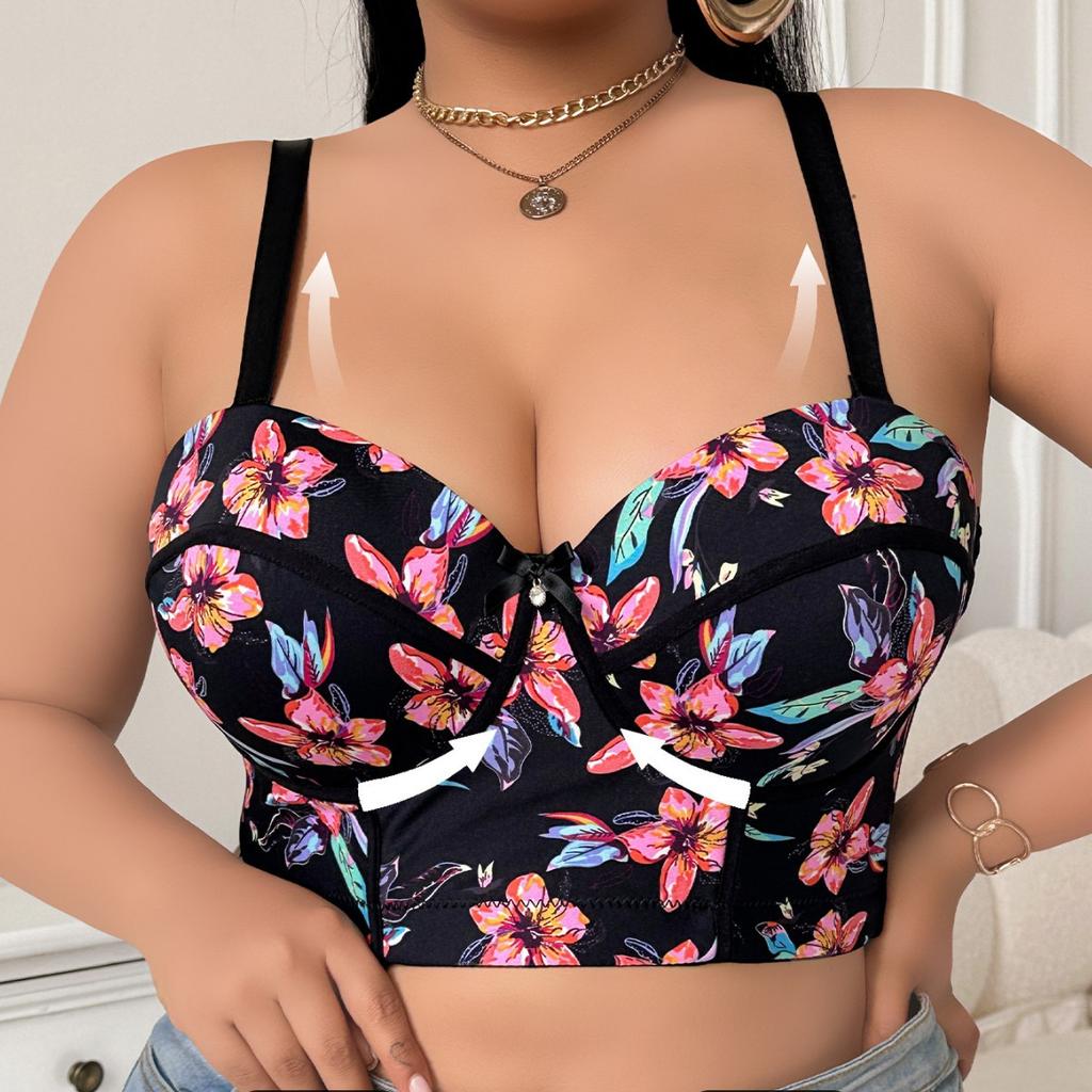 European and American Plus-size Underwear for Women Large Breasts Are Small Anti-sagging Gathered Fashionable Patterned Detachable Shoulder Straps Bra