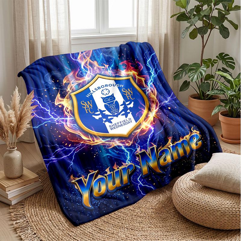 Sheffield Wednesday FC Custom Name Text Flannel Blanket Soccer Logo Personalized Fleece Throw Blanket Special Gift For Sofa Bedroom Home