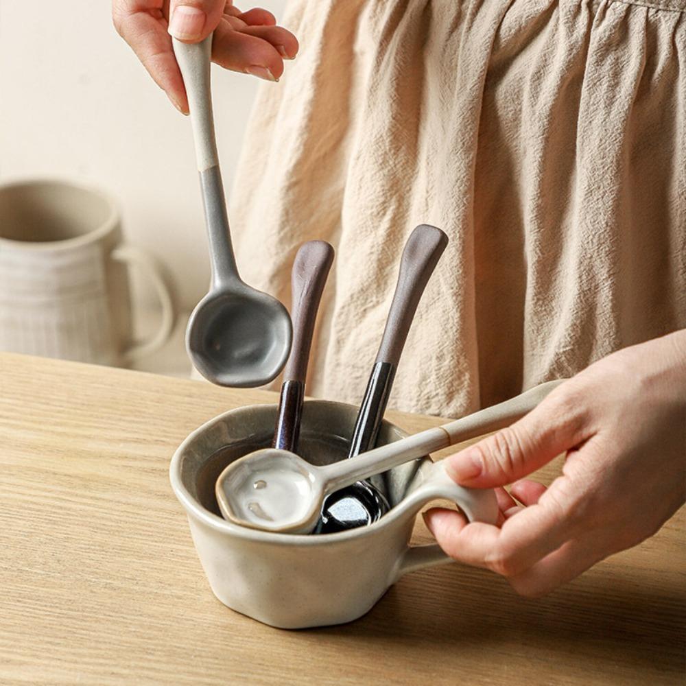 4PCS Handmade Japanese Rustic Pottery Spoon Under-glaze Painting Dessert Spoon Soup Spoon Kitchen