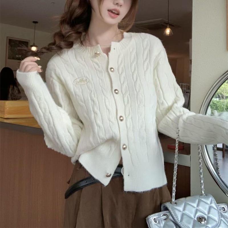 Осенний кардиган свитер с круглым вырезом на пуговицах, женский, с вязаным узором «косы», женская куртка в колледжском стиле