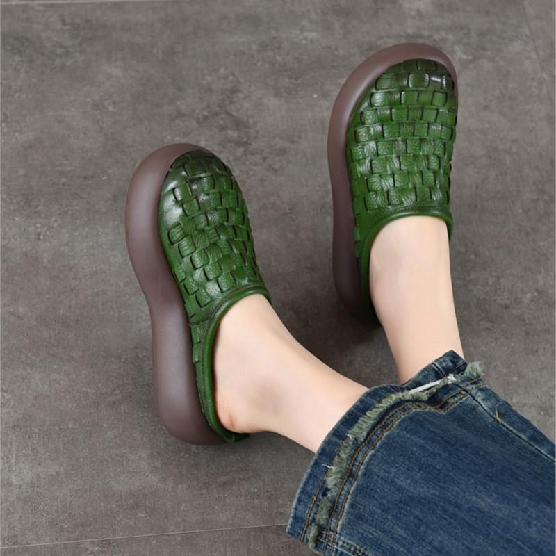 Johnature Плетеные тапочки из натуральной кожи Универсальные Женские уличные шлепанцы на толстой подошве с круглым носком