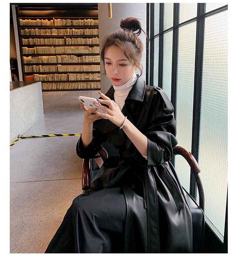 Осенний черный негабаритный длинный водонепроницаемый кожаный плащ для женщин с длинным рукавом, свободная корейская модная одежда