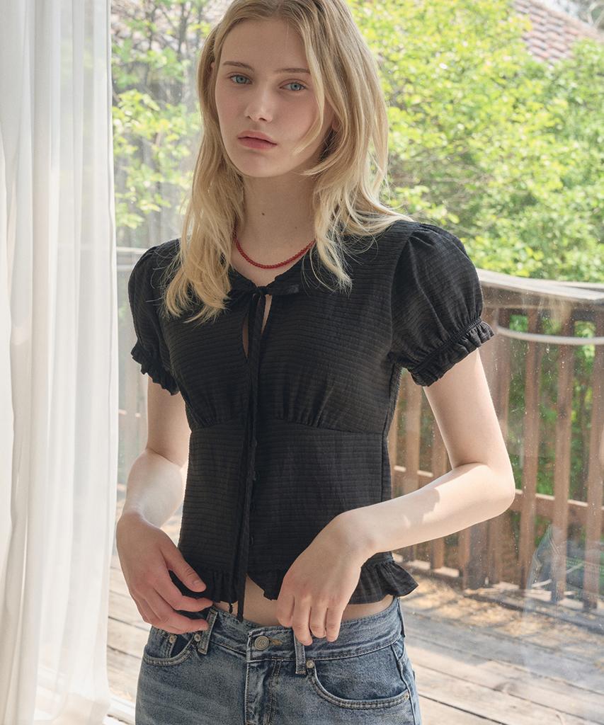 HAINT Sia Sheering Crop Tie Blouse 2Col_Black