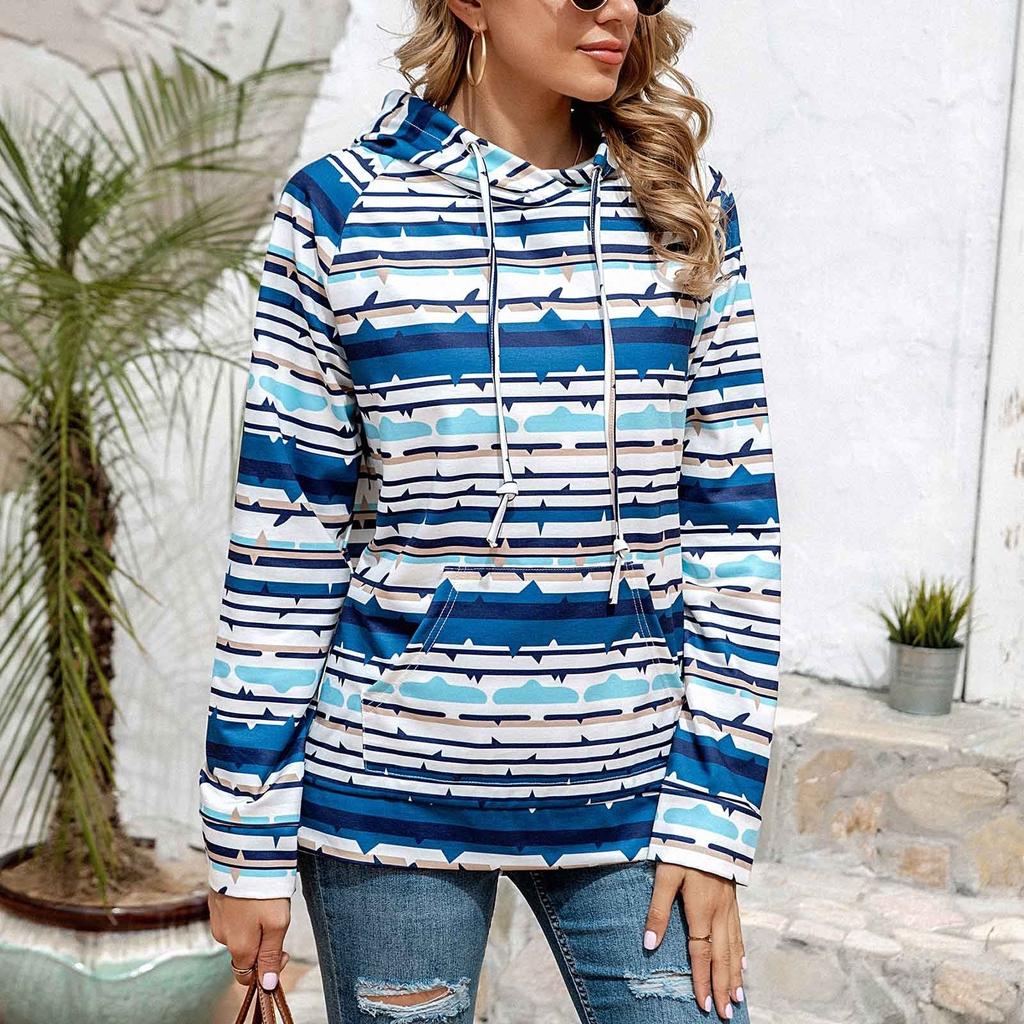 Women Fashion Stripe Printing Drawstring Hood Long Sleeves Sweatshirt Tops