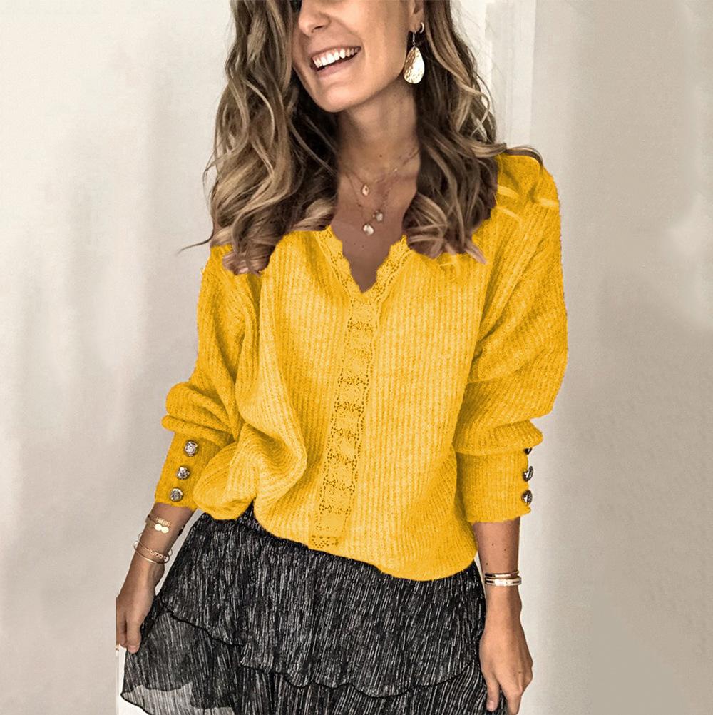 Женские зимние вязаные свитера с V-образным вырезом и длинными рукавами, осенние кружевные однотонные свободные вязаные пуловеры, джемперы, топы