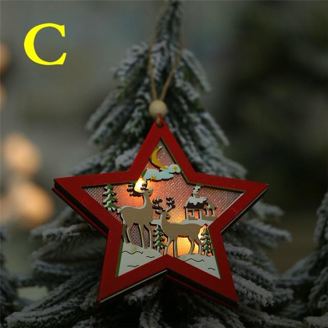 LED Light Christmas Tree Star Car Wooden Pendants Ornaments Xmas DIY Wood Crafts Kids Gift for Home Christmas Party Decorations