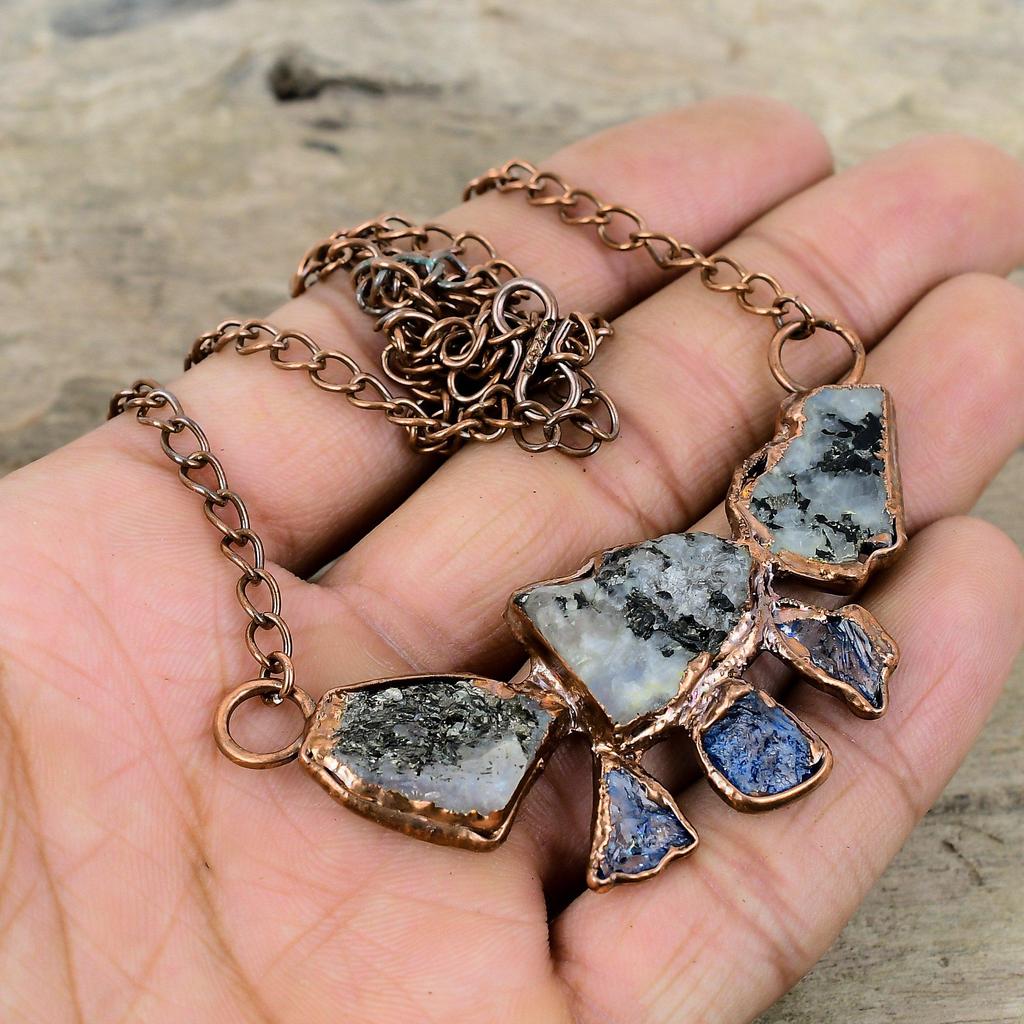 Радужное ожерелье из лунного камня, грубое ожерелье, медное ожерелье, изготовленное гальваническим методом, регулируемое ожерелье-цепочка, ювелирные изделия, изготовленные гальваническим методом, ожерелья с драгоценными камнями ручной работы