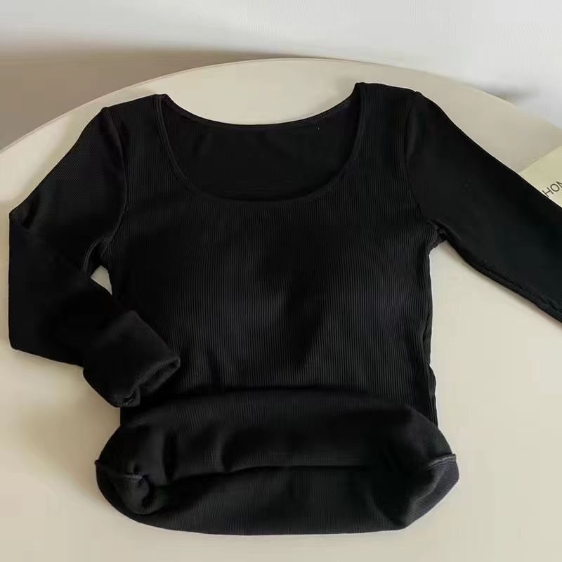 Теплая шерстяная утолщенная футболка с квадратным воротником и длинными рукавами на ключице, женская, новая осенне-зимняя, утягивающая внутри, с базовым верхом