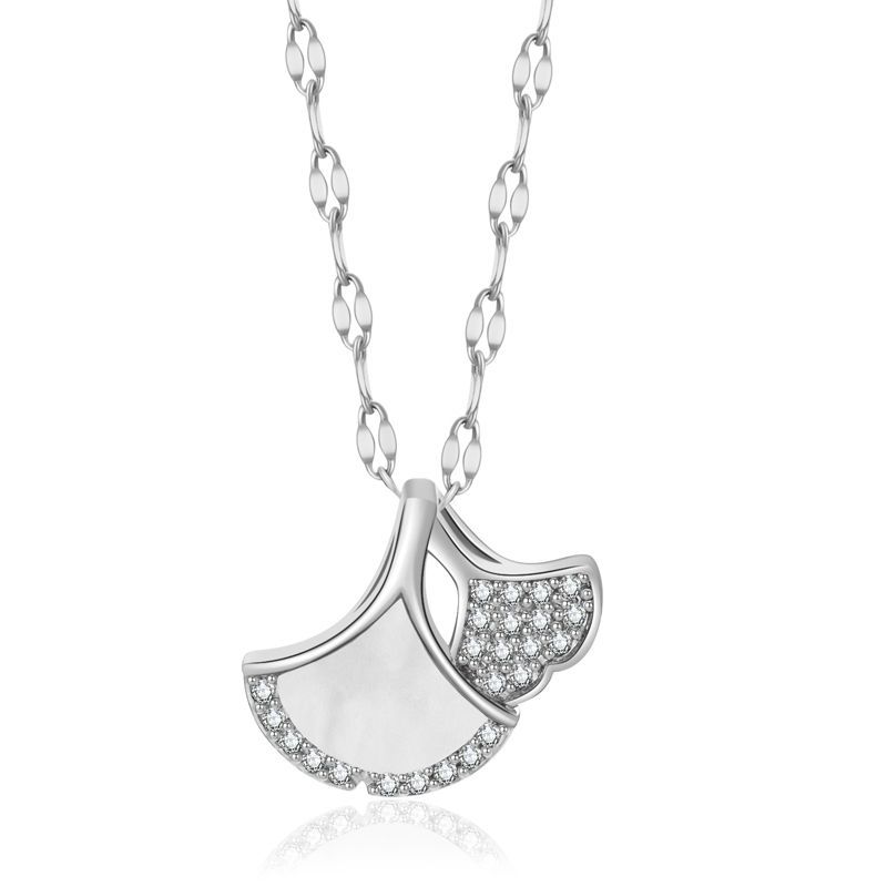 Titanium Steel Skirt Fan Necklace Women'S Inlaid Ginkgo Biloba Pendant Collarbone Chain White Fritillary Jewelry