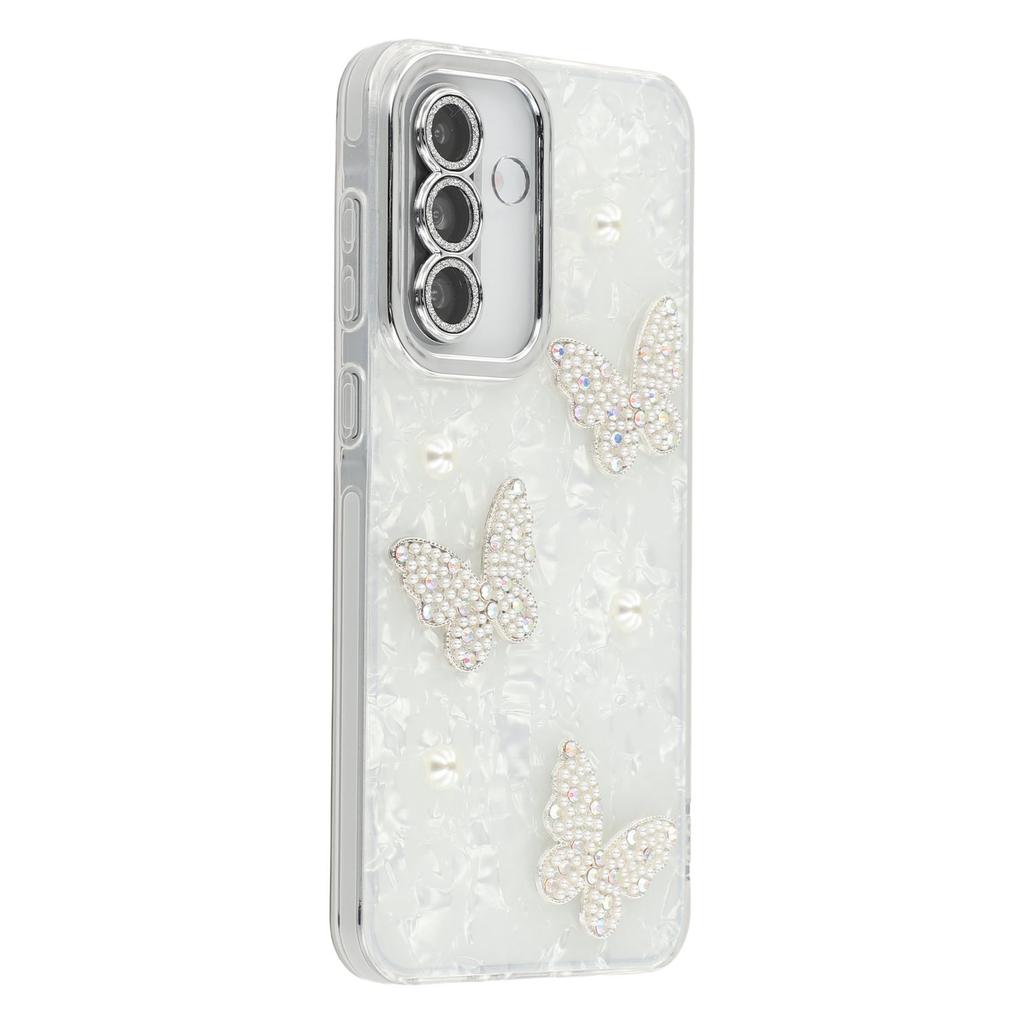 For Samsung Galaxy S25/S24 Case Butterfly Pearl Decor IMD PC+TPU Phone Cover with Glass Lens Film
