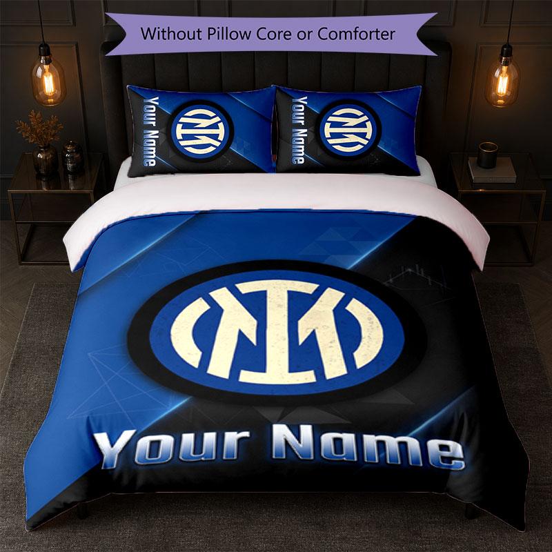 Inter Milan Custom Name Text Bedding Set 1 Duvet Cover+2 Pillowcases Soccer Logo Personalized Gift For Special Occasion Bedroom Decor