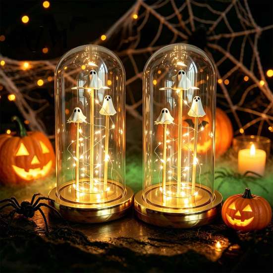 Scary Lighted Sculpture Halloween Indoor Light Up Ghost in Dome Cloche, Cute 3 Mini Figurine Decorative Night with Warm LED for Party Home Table