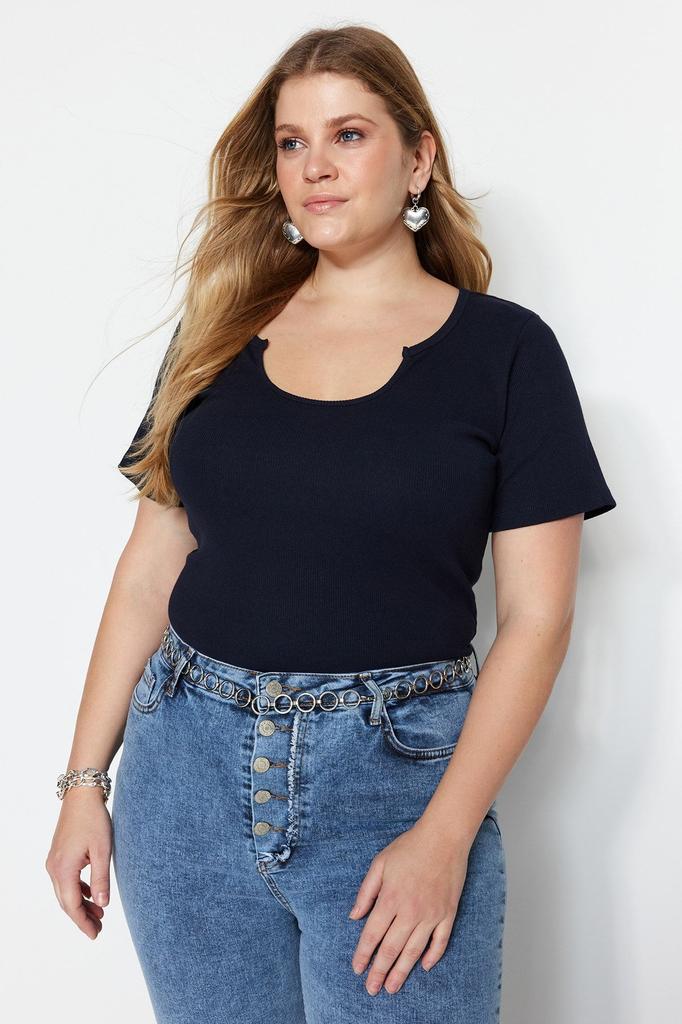 Women's Style Plus Size Navy Blue Collar Detailed Ribbed Knitted T-shirt