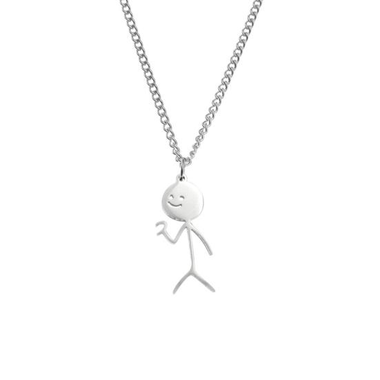 2 Pcs Couple Matching Necklaces Matchstick Men Love Heart Gesture Stainless Hollow Out Chain Electroplated Unisex Pendant Necklace