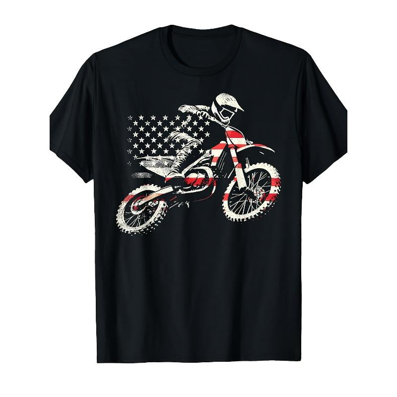 Европейские размеры Dirt Bike Ретро Американский флаг Мотокросс Эндуро Футболка - Патриотическая футболка с мотоциклетным принтом, Черная с красно-бело-синими акцентами
