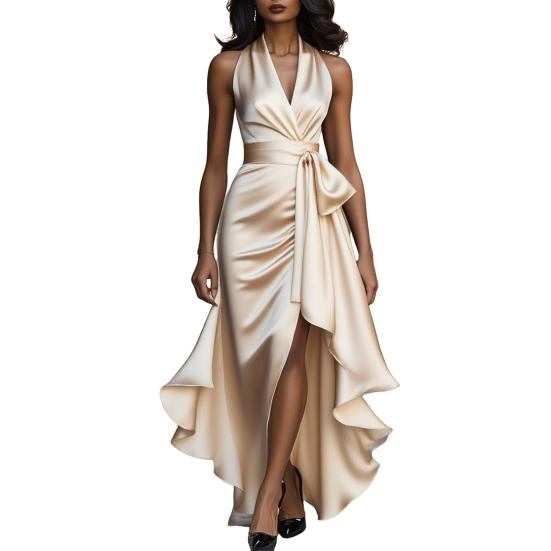 Женское атласное платье миди с оборками, высоким низом, без рукавов, с V-образным вырезом, халтер, завязкой на талии, для выпускного вечера, гостя на свадьбе, вечеринки, коктейля