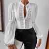 Fashion Lace Patchwork Lantern Sleeve Vintage Plus Size Shirts Women Elegant Tops Stand Hollow Out Casual Loose Blouse Women Buttons Slim Shirt 26361