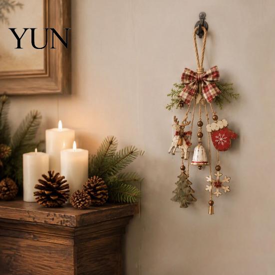 Natural Wood Chip Christmas Crafts Rustic Wooden Hanging Pendant with LED Lights, Lighted Snowflake Gloves Tree And Reindeer Warm Holiday Decor