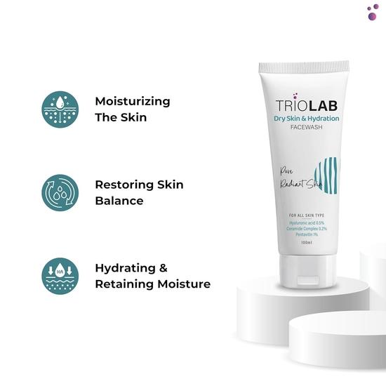 TRIOLAB Dry Skin & Hydration Face Wash | Hydrating Facewash for Dry Skin Face Women & Men | Non-Drying Cleanser for Soft Skin