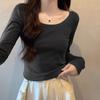 Designed U-neck Slim-shoulder T-shirt Long-sleeved Women's Spring and Autumn New High-waist Exposed Collarbone Sexy Inner Bottoming Top