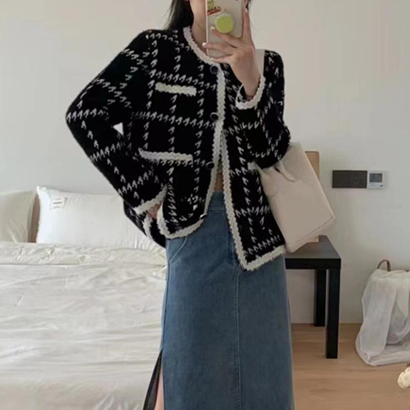 Осенне-зимняя мода круглый вырез карманы длинный рукав свободный твидовый женский кардиган куртка