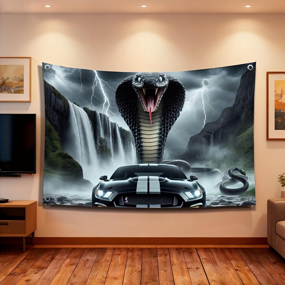 Dramatic Car Snake Waterfall Tapestry Banner Flag Style Wall Decor Art Print With 4 Rings Gifts for Men Automotive Desig
