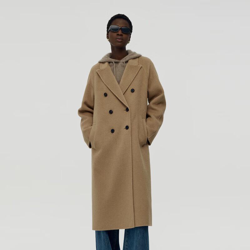 GOELIA Unisex Camel Wool Double-Faced Peak Lapel Coat