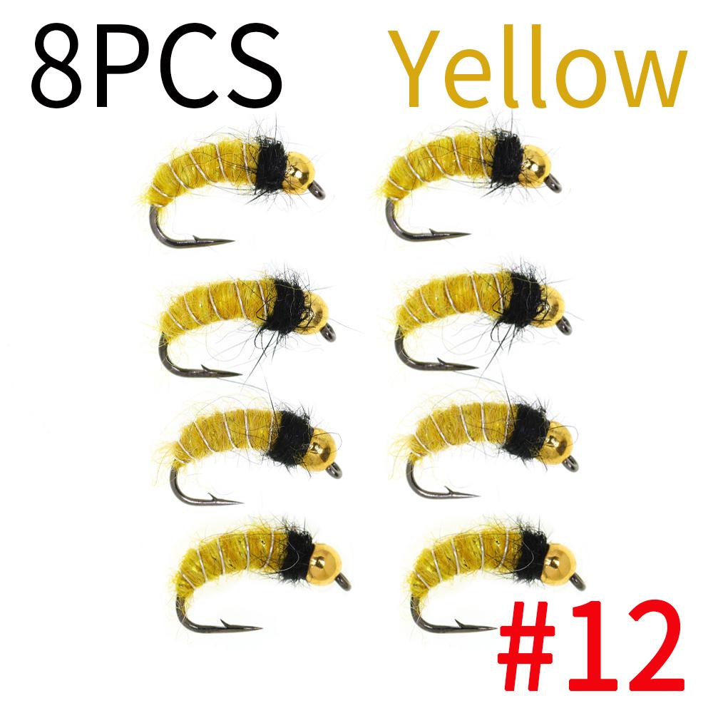 6/8 шт. 2 размеров Нимфа личинки ручейника с головкой из бусинки Реалистичный жук-бокоплав Червь для ловли форели и хариуса (Крючок с бородкой, Быстро тонущий)