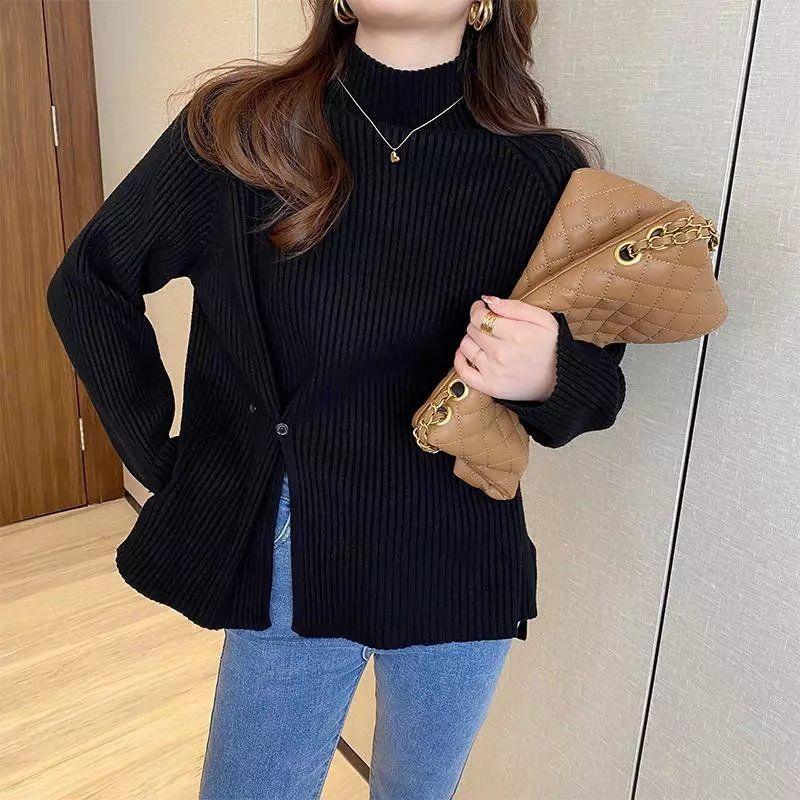 Свитер с половиной высокого воротника, женский пуловер, 2022, однотонный, свободный, открытой вязки, осенне-зимний повседневный свитер с длинными рукавами, женский пуловер