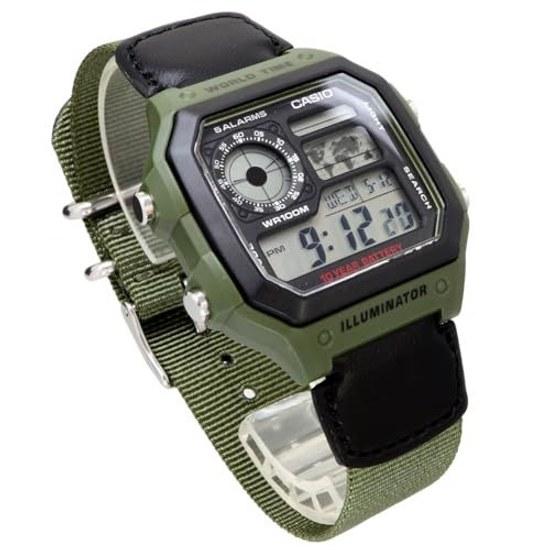 Цифровые наручные часы CASIO с мировым временем AE-1200WHB-3BV зеленые, зарубежная модель